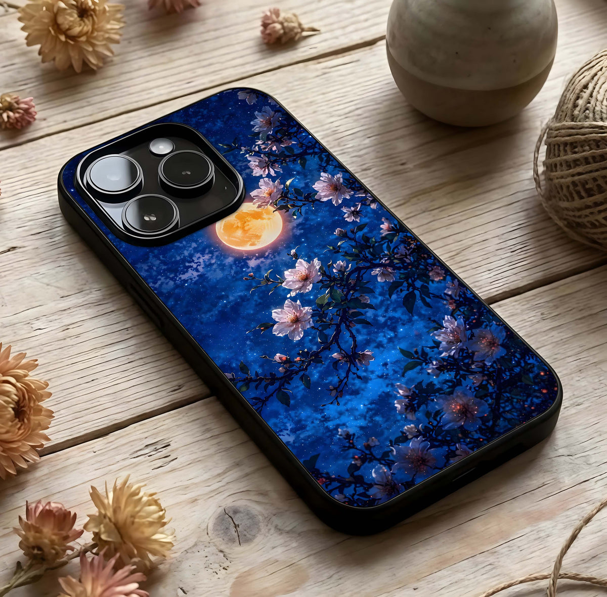 Moonlit Blossoms Night Glass Case photographed in natural light showing reflective finish and calm depth.