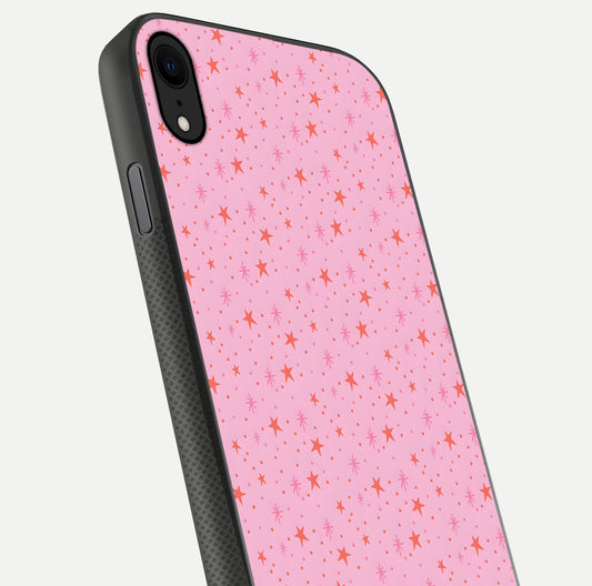 Cosmic Pink Sparkle iPhone X glass phone case angled back view highlighting sparkling galaxy design and textured side grip