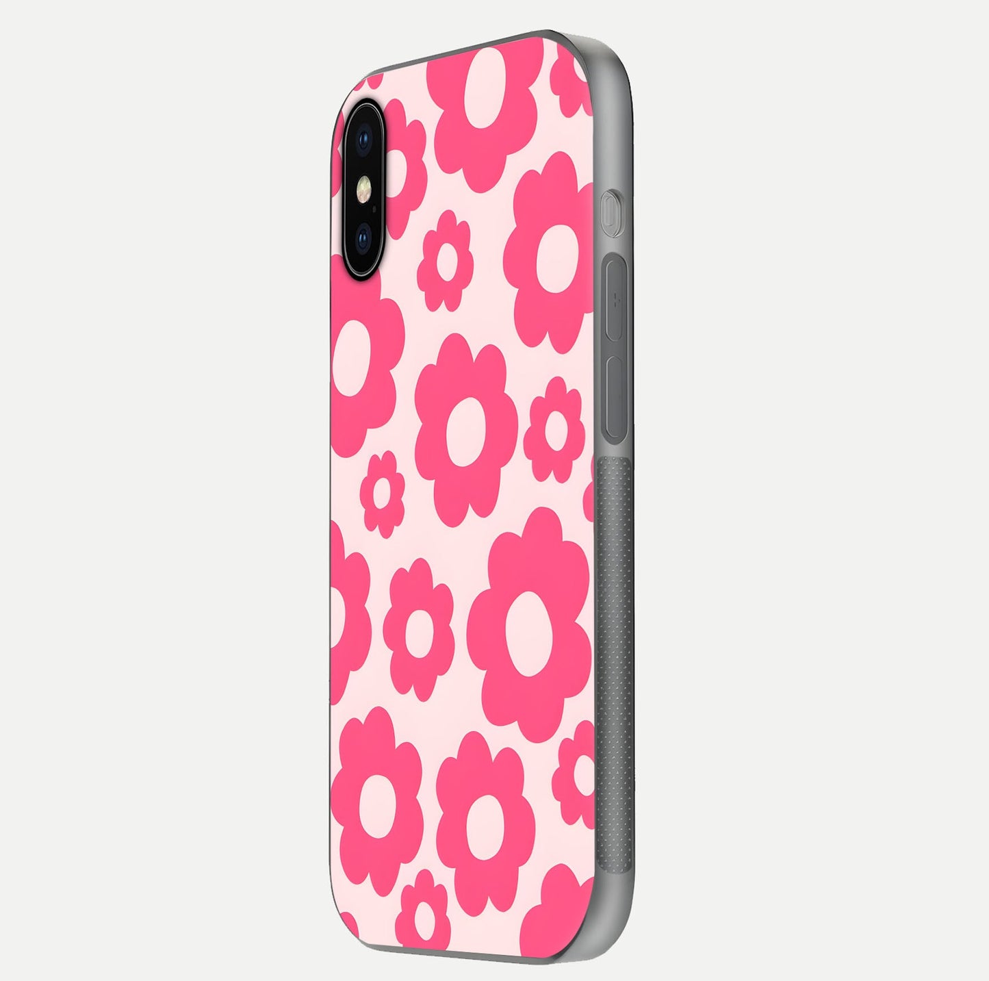 Blush Flower Pop iPhone X glass phone case side profile view focusing on clean edges and seamless floral wrap