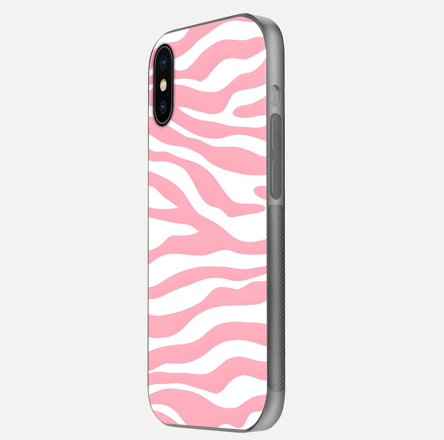 Blush Zebra Flow iPhone X glass phone case side profile view focusing on sleek frame and seamless wrap