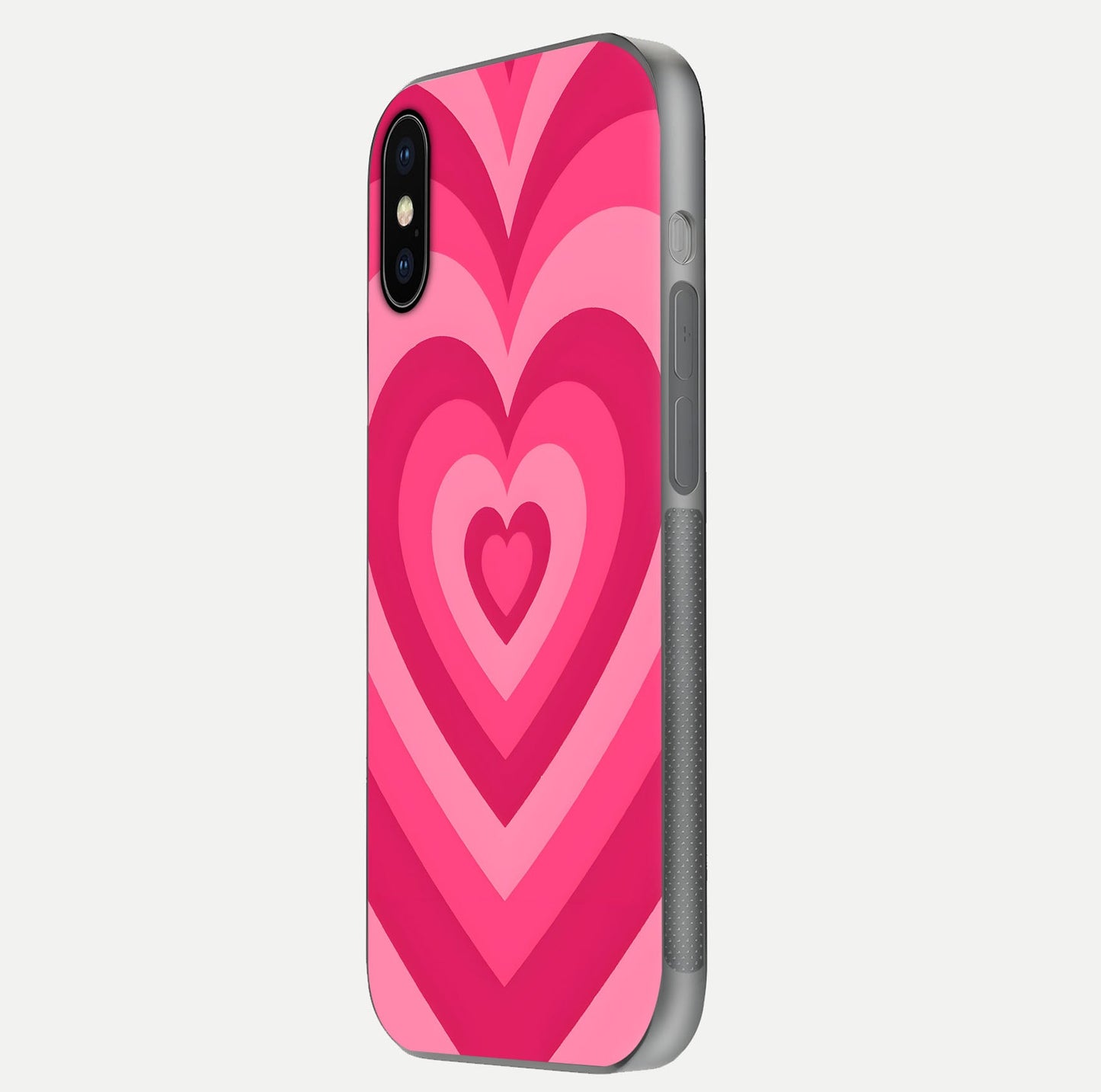 Layered Love Hearts iPhone X glass phone case side profile view focusing on sleek edges and seamless wrap