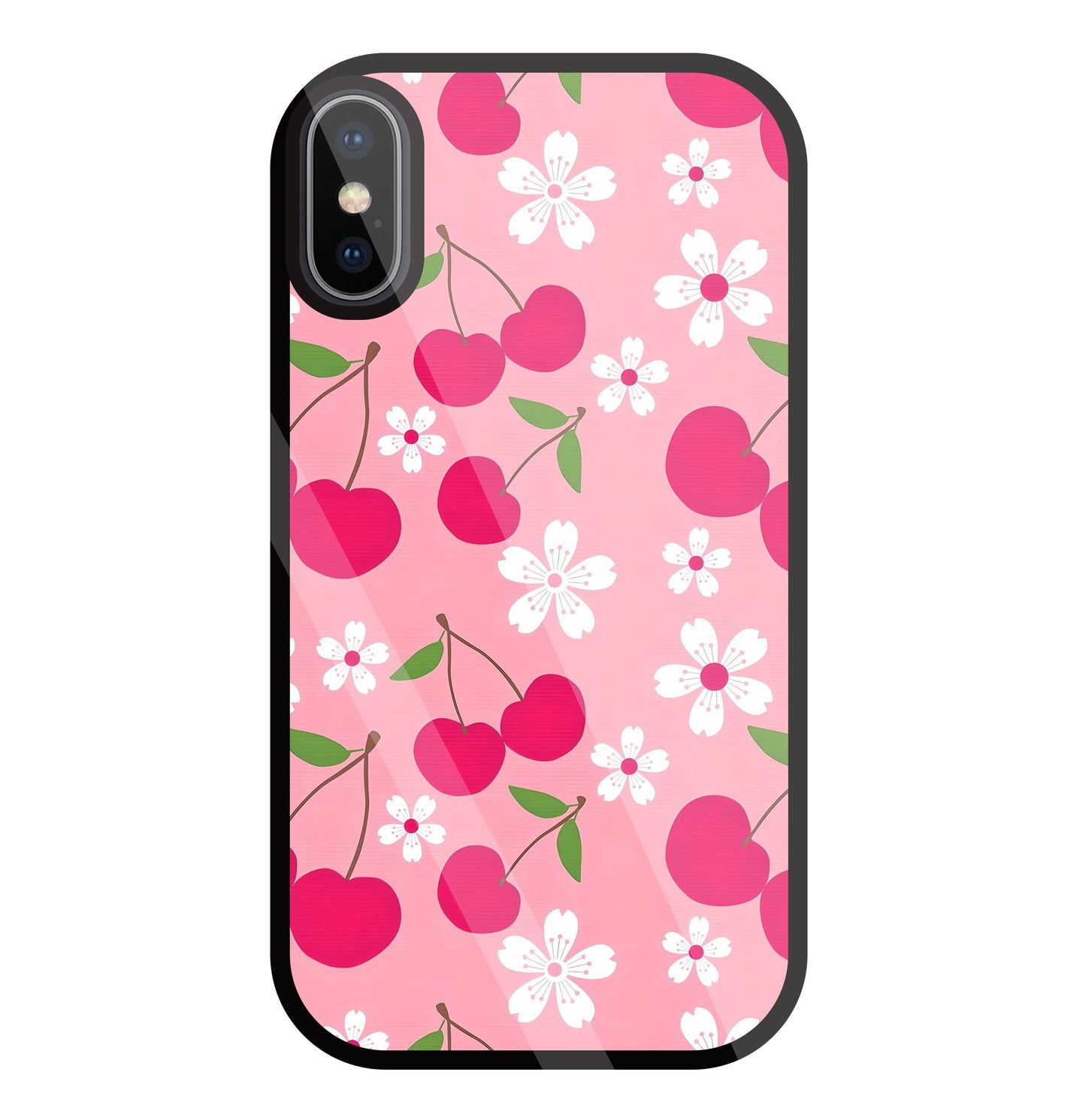Pink Cherry With Flowers Glass Case For Apple iPhone X