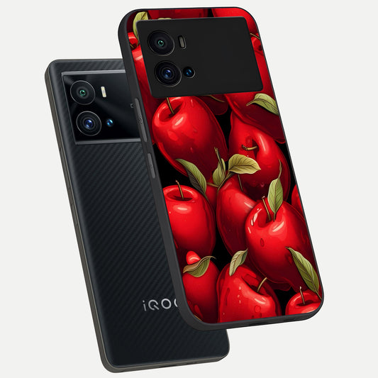 Apple Pattern phone case For iQOO 9 Pro showing premium glass back cover with detailed artwork