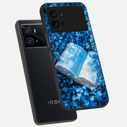 Blue Bloom Tales phone case For iQOO 9 Pro showing premium glass back cover with detailed artwork