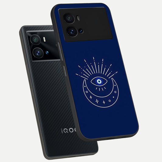 Blue Evil Eye phone case For iQOO 9 Pro showing premium glass back cover with detailed artwork