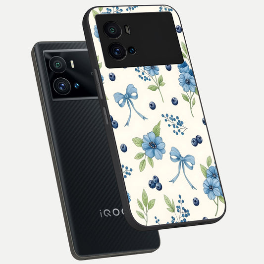 Blue Flower And Bow phone case For iQOO 9 Pro showing premium glass back cover with detailed artwork