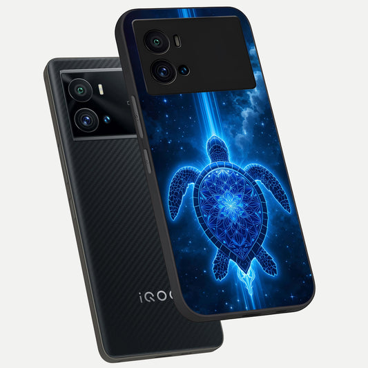 Blue Galaxy Turtle phone case For iQOO 9 Pro showing premium glass back cover with detailed artwork