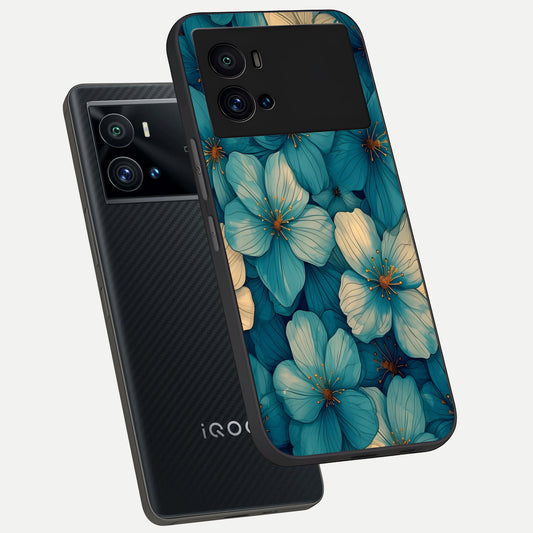 Blue Shade Floral phone case For iQOO 9 Pro showing premium glass back cover with detailed artwork