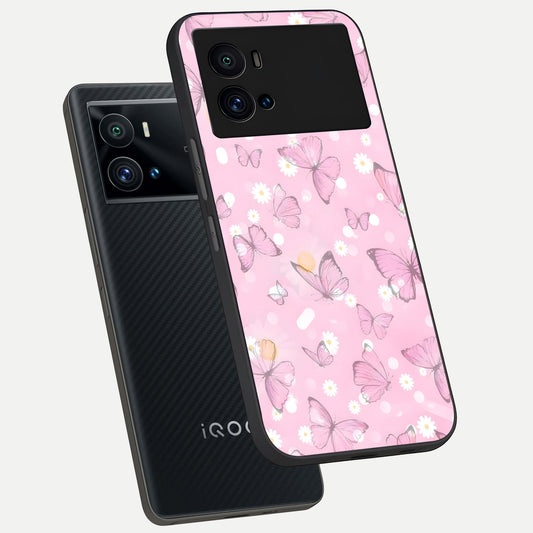 Blush Butterfly Garden phone case For iQOO 9 Pro showing premium glass back cover with detailed artwork