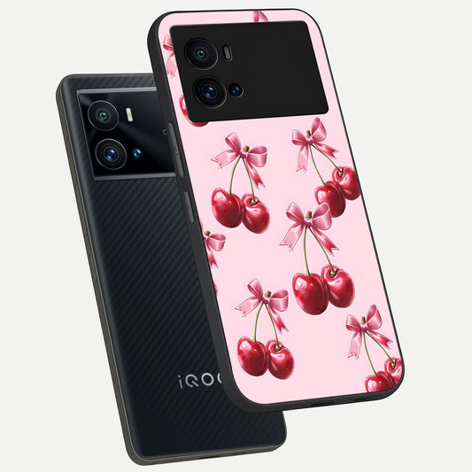 Red Cherries Pattern phone case For iQOO 9 Pro showing premium glass back cover with detailed artwork