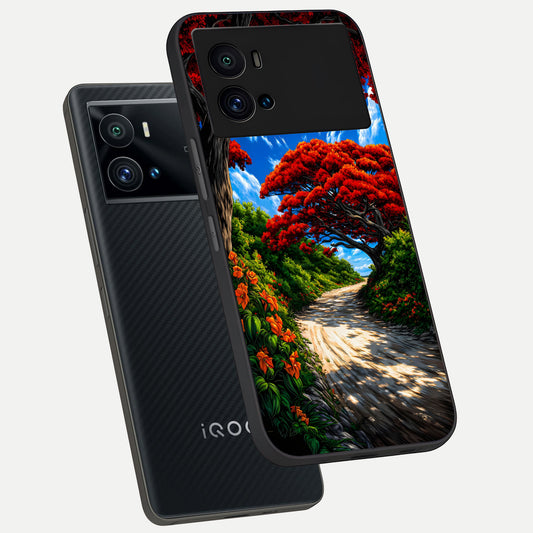 Red Trees Pathway phone case For iQOO 9 Pro showing premium glass back cover with detailed artwork