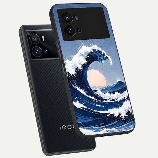 Rising Tide Power phone case For iQOO 9 Pro showing premium glass back cover with detailed artwork