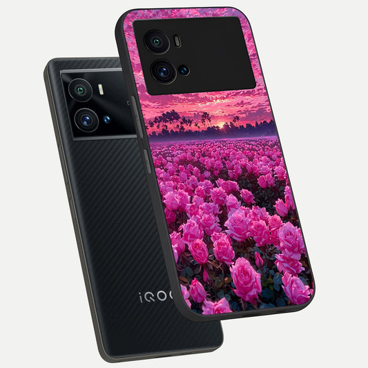 Rose Sunset Valley phone case For iQOO 9 Pro showing premium glass back cover with detailed artwork