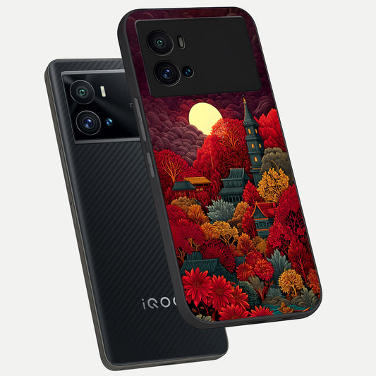 Scarlet Autumn Temple phone case For iQOO 9 Pro showing premium glass back cover with detailed artwork