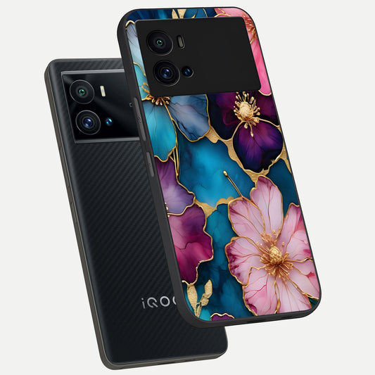 Sparkle Floral phone case For iQOO 9 Pro showing premium glass back cover with detailed artwork