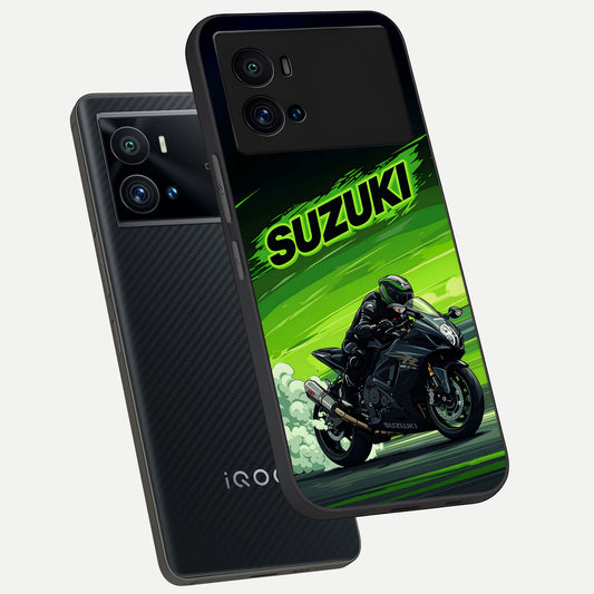 Suzuki Speed Beast phone case For iQOO 9 Pro showing premium glass back cover with detailed artwork