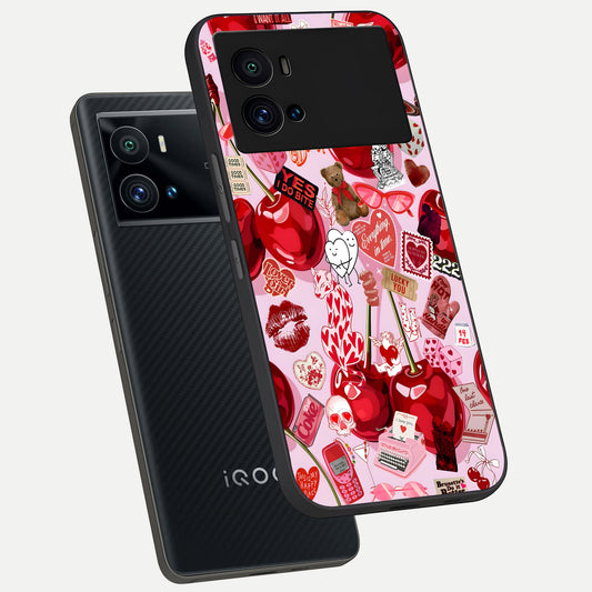 Sweet Cherry Chaos phone case For iQOO 9 Pro showing premium glass back cover with detailed artwork