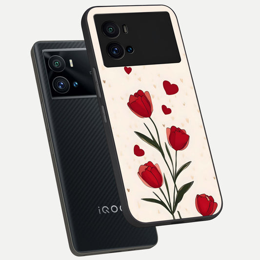 Tulip With Heart phone case For iQOO 9 Pro showing premium glass back cover with detailed artwork