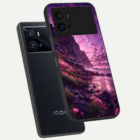 Twilight Blossom Coast phone case For iQOO 9 Pro showing premium glass back cover with detailed artwork