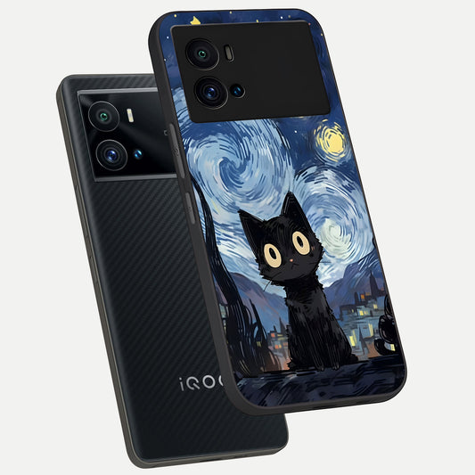 Van Gogh Cat phone case For iQOO 9 Pro showing premium glass back cover with detailed artwork