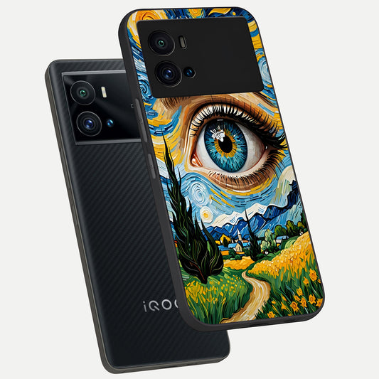 Van Gogh Eye phone case For iQOO 9 Pro showing premium glass back cover with detailed artwork