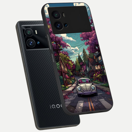 Vintage Street Drive phone case For iQOO 9 Pro showing premium glass back cover with detailed artwork