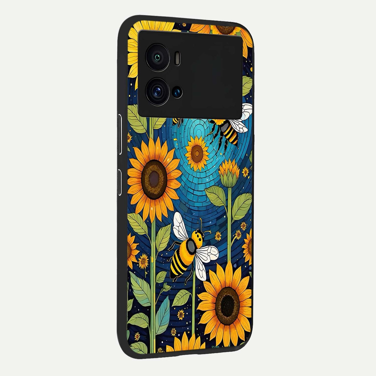 Bees And Sunflowers back cover For iQOO 9 Pro slim fit glass case with vibrant aesthetic design