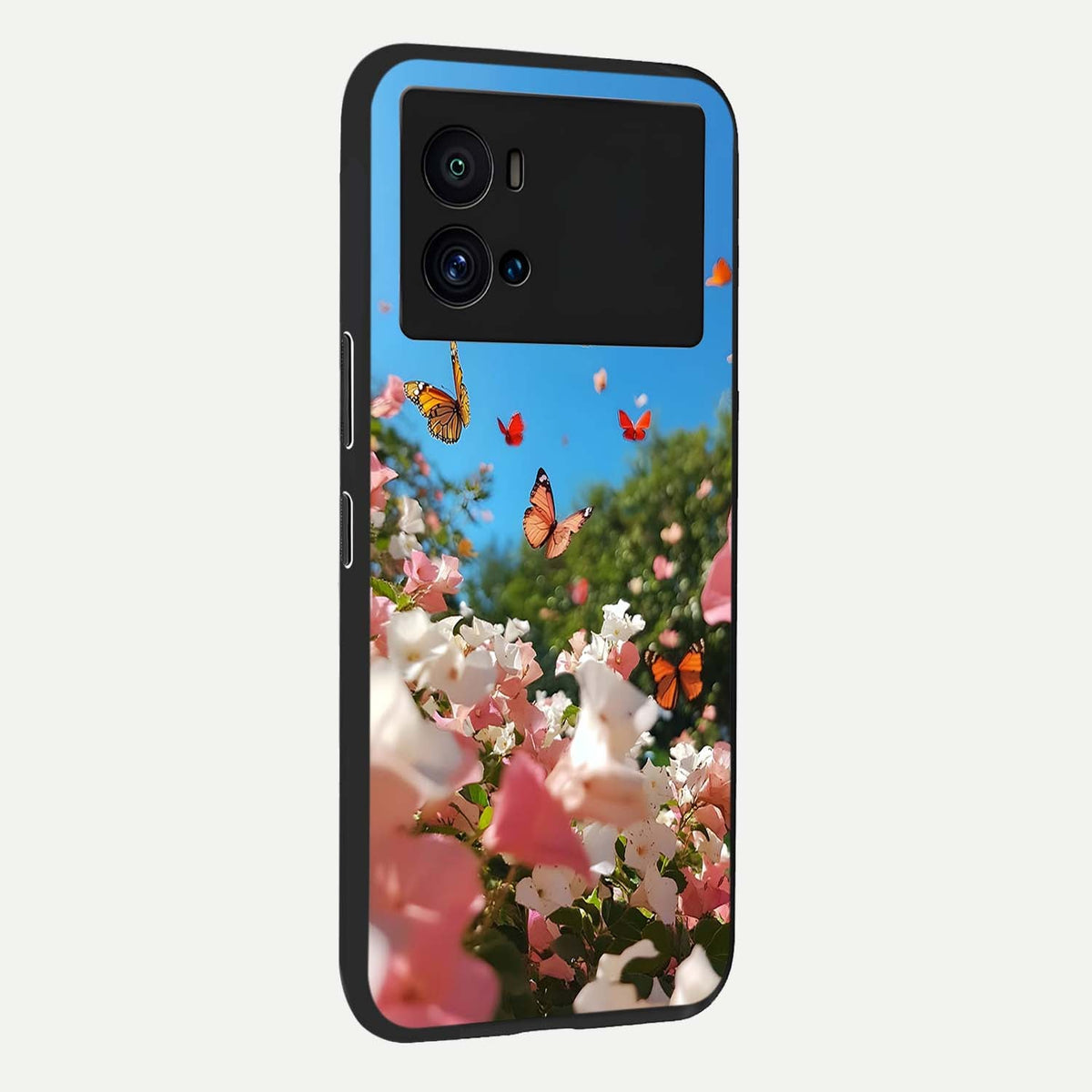 Butterflies In Bloom Sky back cover For iQOO 9 Pro slim fit glass case with vibrant aesthetic design