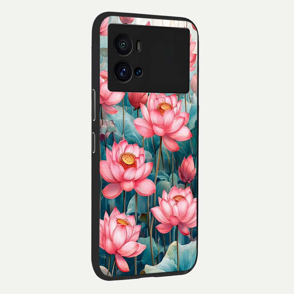 Celestial Pink Lotus back cover For iQOO 9 Pro slim fit glass case with vibrant aesthetic design