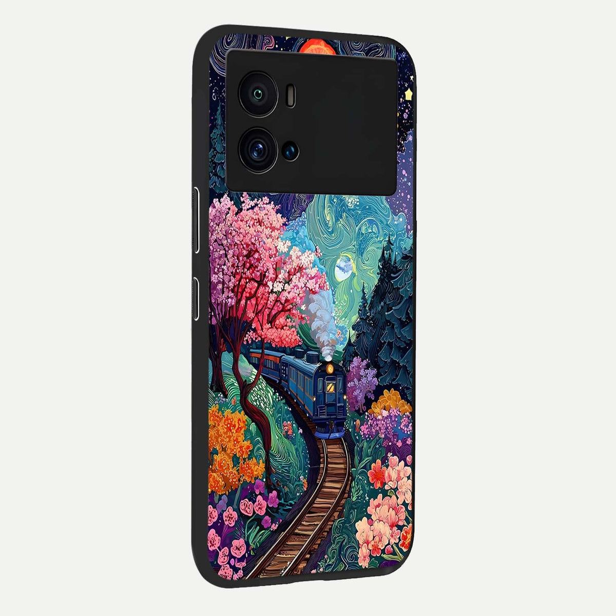 Celestial Train Journey back cover For iQOO 9 Pro slim fit glass case with vibrant aesthetic design