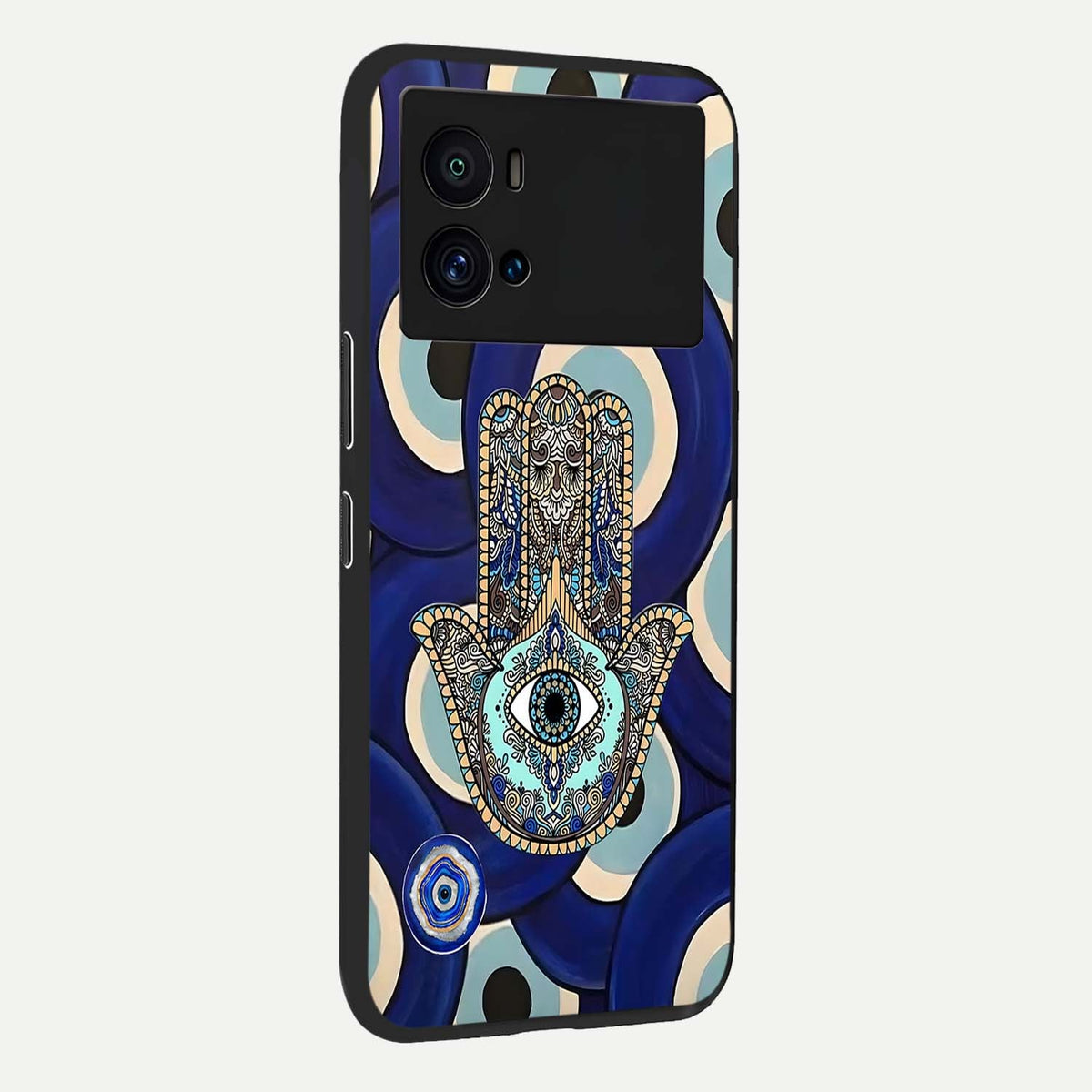 Hamsa Divine Guard back cover For iQOO 9 Pro slim fit glass case with vibrant aesthetic design