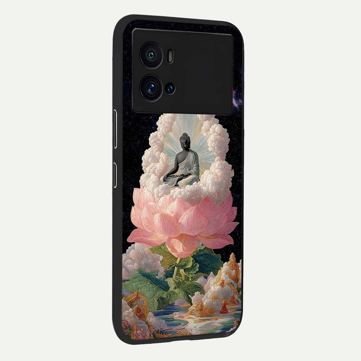 Lotus Divine Peace back cover For iQOO 9 Pro slim fit glass case with vibrant aesthetic design