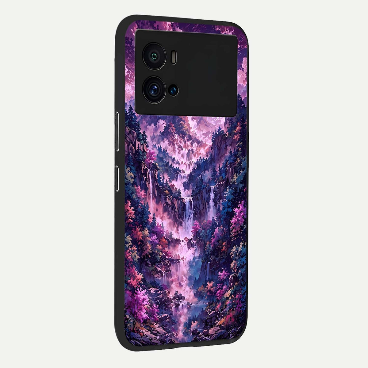 Mystic Cascade Peaks back cover For iQOO 9 Pro slim fit glass case with vibrant aesthetic design