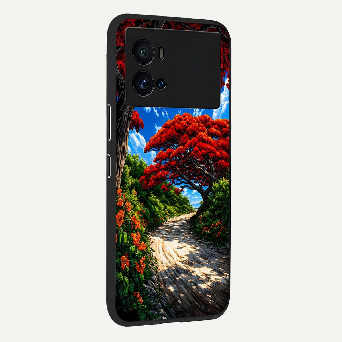 Red Trees Pathway back cover For iQOO 9 Pro slim fit glass case with vibrant aesthetic design