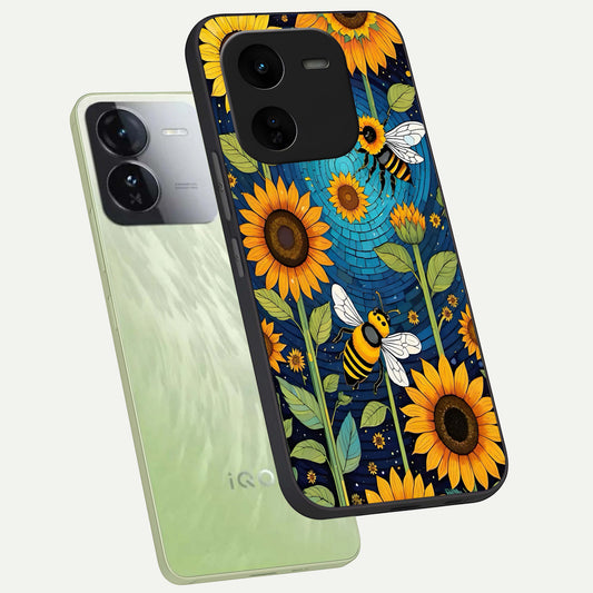Bees And Sunflowers phone case For iQOO Z9x 5G showing premium glass back cover with detailed artwork