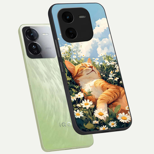 Cat And Flowers View phone case For iQOO Z9x 5G showing premium glass back cover with detailed artwork