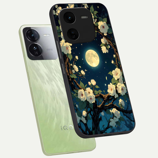 Celestial Moon And Flower phone case For iQOO Z9x 5G showing premium glass back cover with detailed artwork