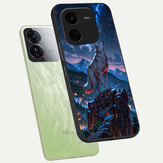Celestial Wolf Howl phone case For iQOO Z9x 5G showing premium glass back cover with detailed artwork