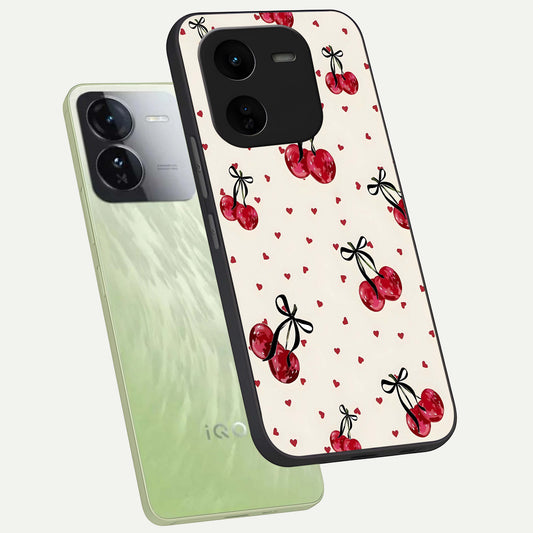 Cherry Heart Bow phone case For iQOO Z9x 5G showing premium glass back cover with detailed artwork