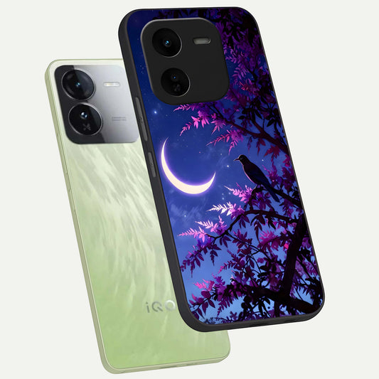 Crow And Moon Scenery phone case For iQOO Z9x 5G showing premium glass back cover with detailed artwork