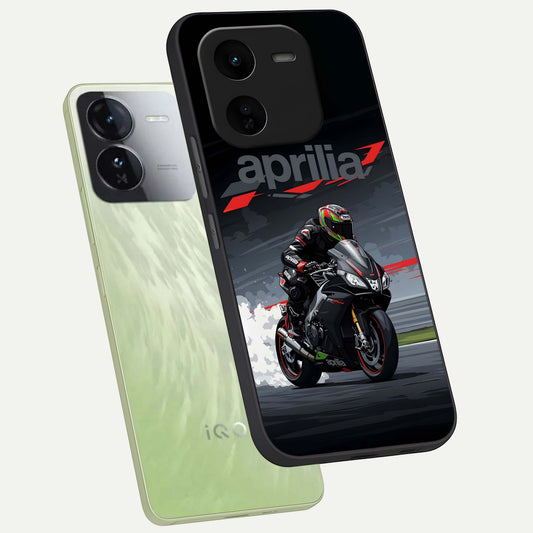 Dark Aprilla phone case For iQOO Z9x 5G showing premium glass back cover with detailed artwork