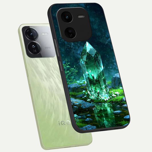 Emerald Light Crystal phone case For iQOO Z9x 5G showing premium glass back cover with detailed artwork