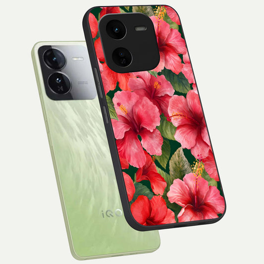 Hibiscus Pattern phone case For iQOO Z9x 5G showing premium glass back cover with detailed artwork