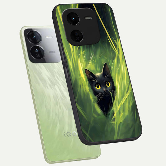 Hidden Cat Whisper phone case For iQOO Z9x 5G showing premium glass back cover with detailed artwork