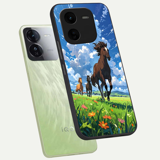 Majestic Horses Galloping phone case For iQOO Z9x 5G showing premium glass back cover with detailed artwork