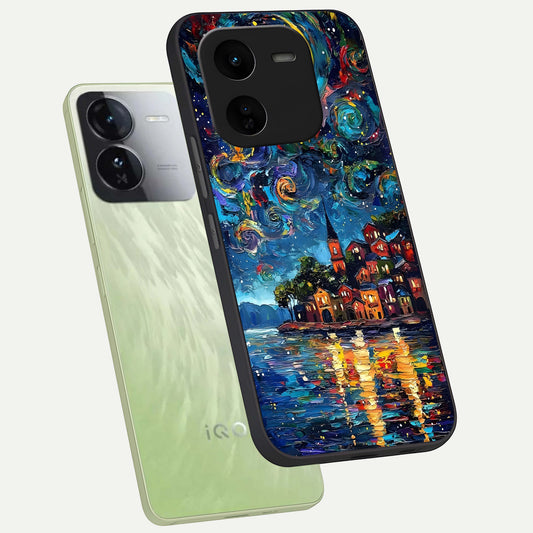 Moonlight Harbor Glow phone case For iQOO Z9x 5G showing premium glass back cover with detailed artwork