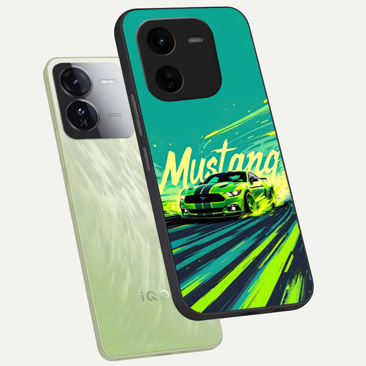Mustang Bang phone case For iQOO Z9x 5G showing premium glass back cover with detailed artwork