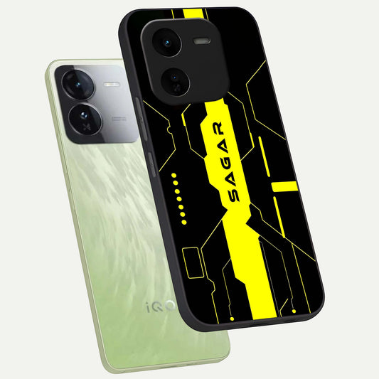 Neon CYBERPUNK Custom Name phone case For iQOO Z9x 5G showing premium glass back cover with detailed artwork