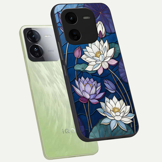 Purple Lotus Stained phone case For iQOO Z9x 5G showing premium glass back cover with detailed artwork