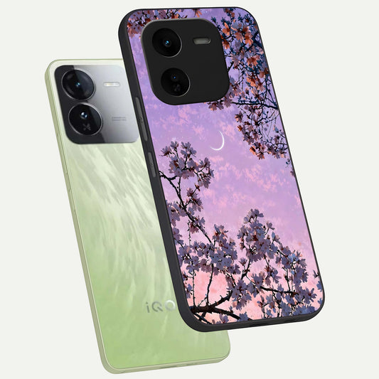Purple Serenity Moon phone case For iQOO Z9x 5G showing premium glass back cover with detailed artwork